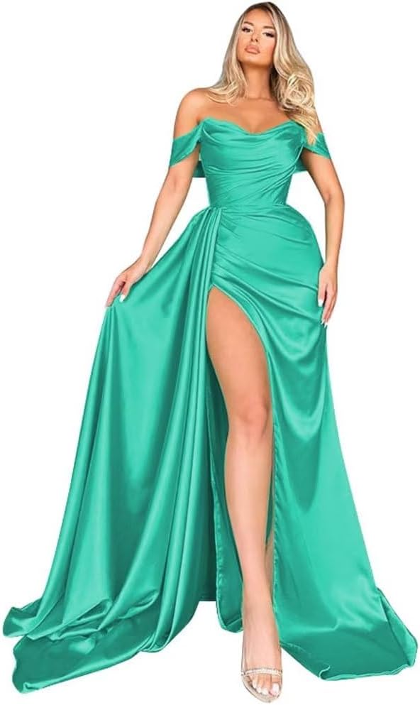 Off Shoulder Satin Bridesmaid Dresses Long Formal Gown for Wedding Ruched Prom Dress with Slit