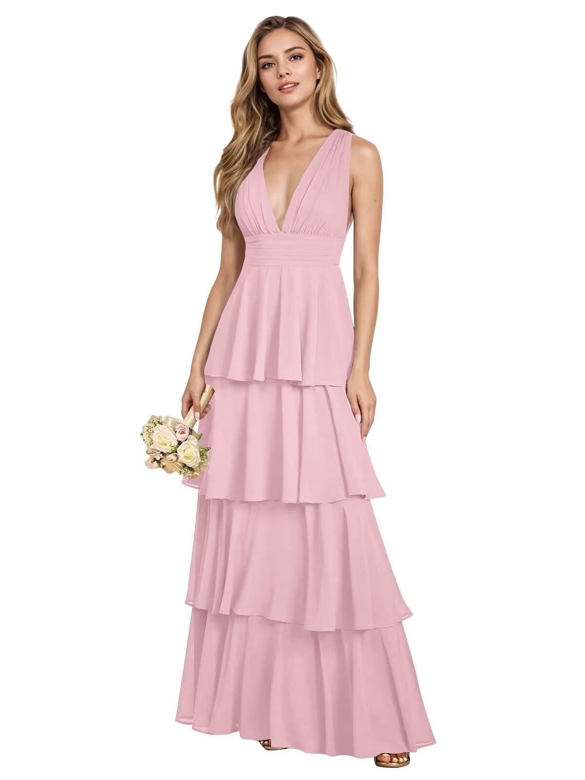 V Neck Chiffon Bridesmaid Dresses for Women 2027 Long Tiered A-Line Ruffles Formal Evening Party Dress