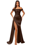 Off Shoulder Sequin Prom Dresses for Women 2027 Long Mermaid Tight Satin Formal Evening Party Dress with Slit