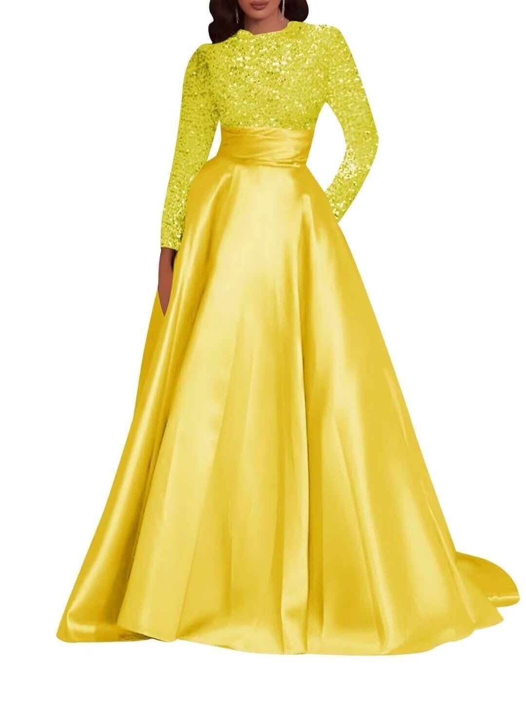 Kingbridal Gowns Long Sleeve Sequin Prom Dresses for Women Satin A-line Formal Dress 2026 Sparkly Evening Party Gowns with Pockets