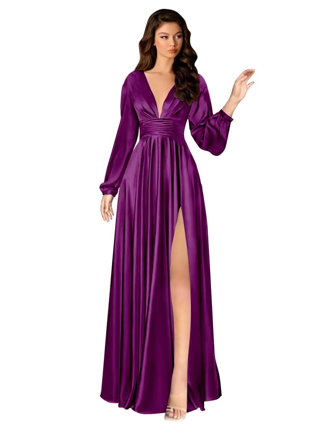 Kingbridal Gowns Long Sleeve Satin Bridesmaid Dresses for Women Long A-Line V-Neck Pleated Formal Evening Party Ball Gown with Slit