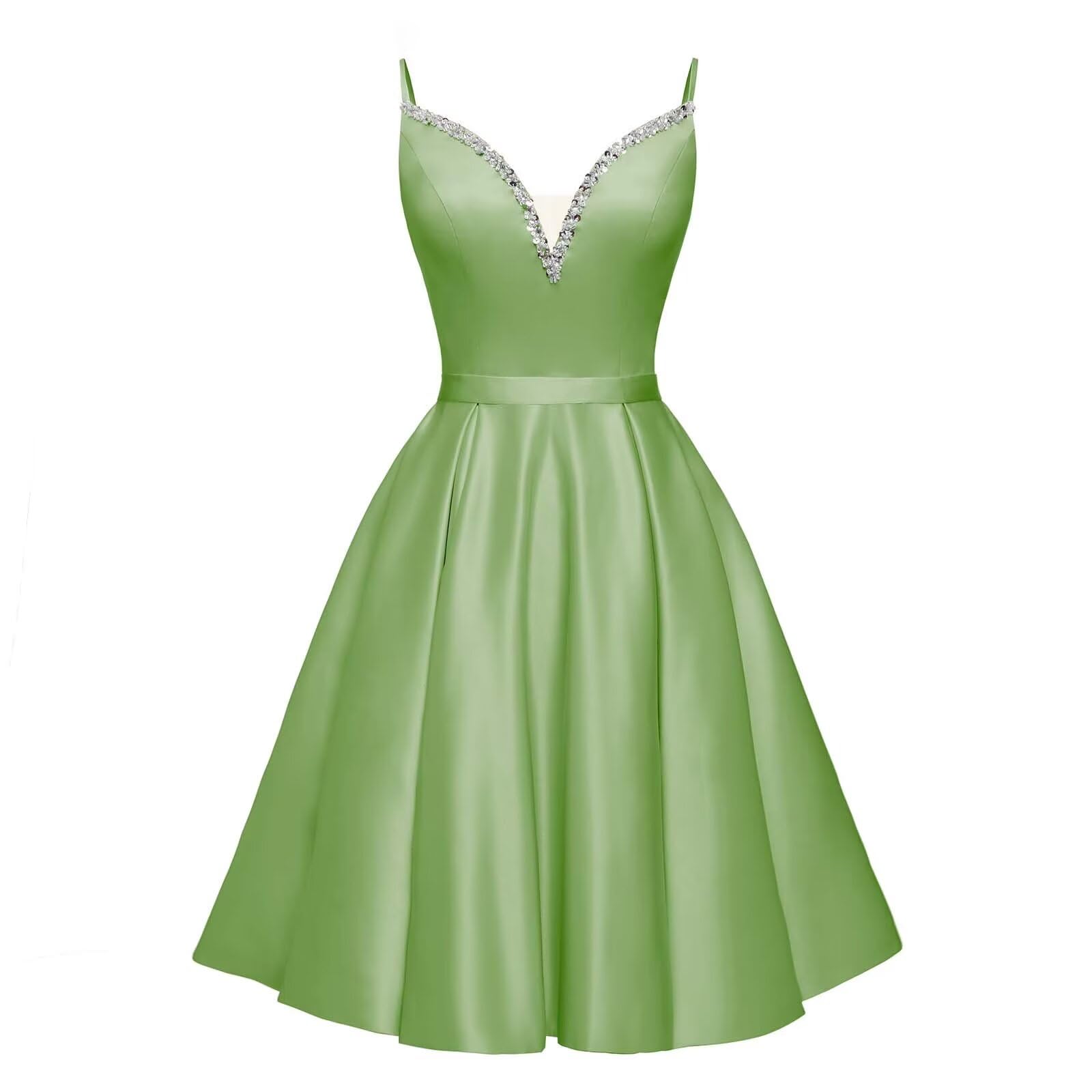Spaghetti Straps Satin Homecoming Dresses for Teens V-Neck Short Prom Dress A-Line Beaded Cocktail Party Gowns