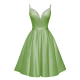 Spaghetti Straps Satin Homecoming Dresses for Teens V-Neck Short Prom Dress A-Line Beaded Cocktail Party Gowns