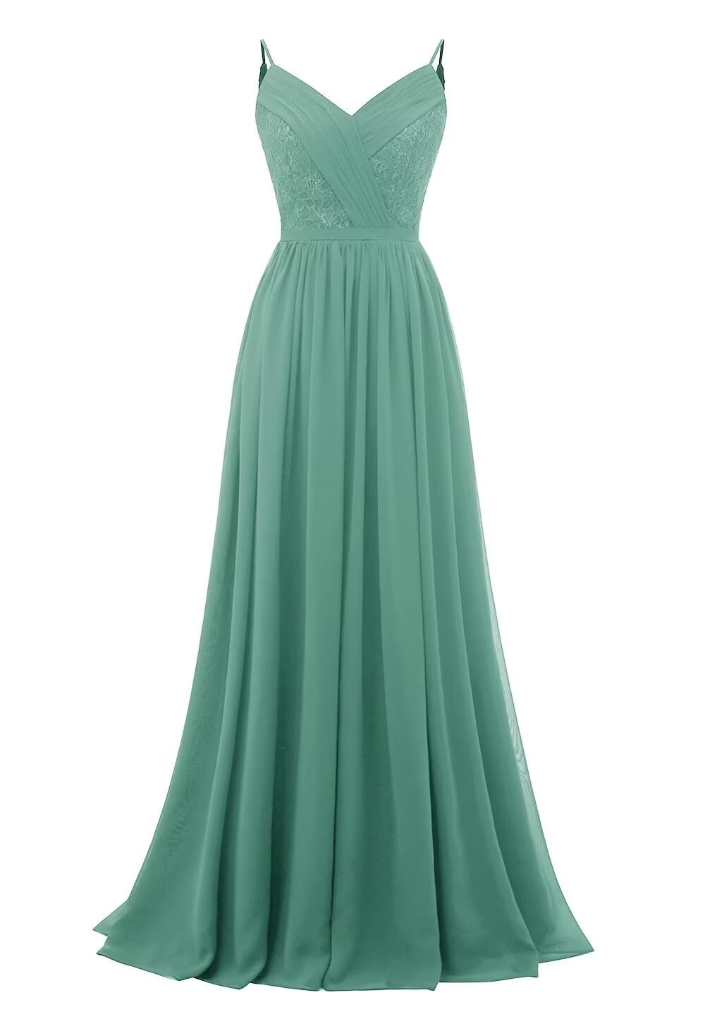 Women's Lace Chiffon Bridesmaid Dresses for Wedding Long Spaghetti Straps Bodice Formal Party Gown with Pockets