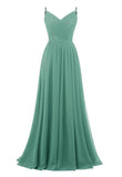 Women's Lace Chiffon Bridesmaid Dresses for Wedding Long Spaghetti Straps Bodice Formal Party Gown with Pockets