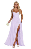 Ruffle Chiffon Bridesmaid Dress Long Square Neck Pleated Formal Gowns with Slit for Women Plus Size Spaghetti Straps Ruffles