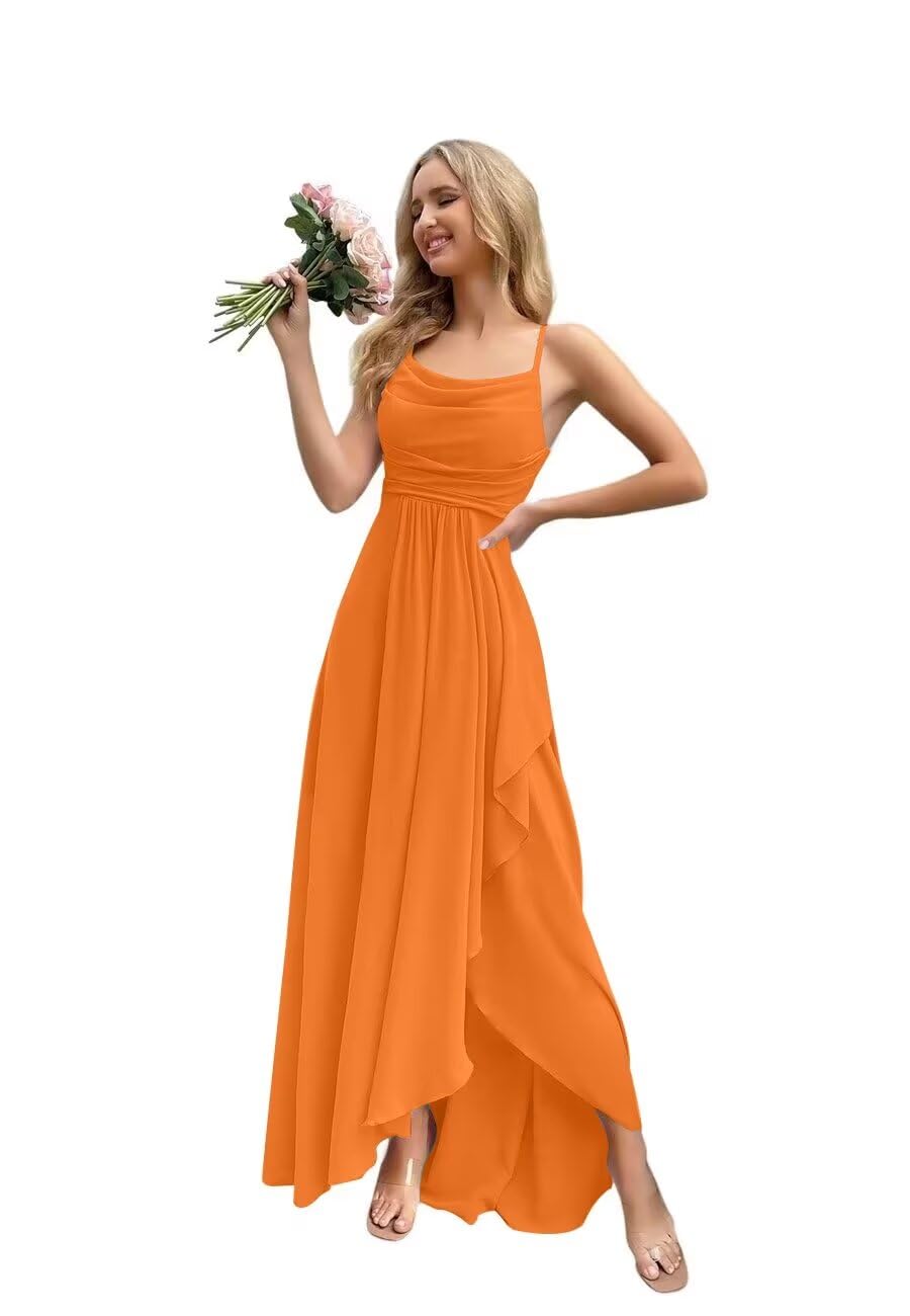 Spaghetti Strap Chiffon Bridesmaid Dresses for Women Long Ruched A-Line Cowl Neck Formal Evening Gowns with Slit