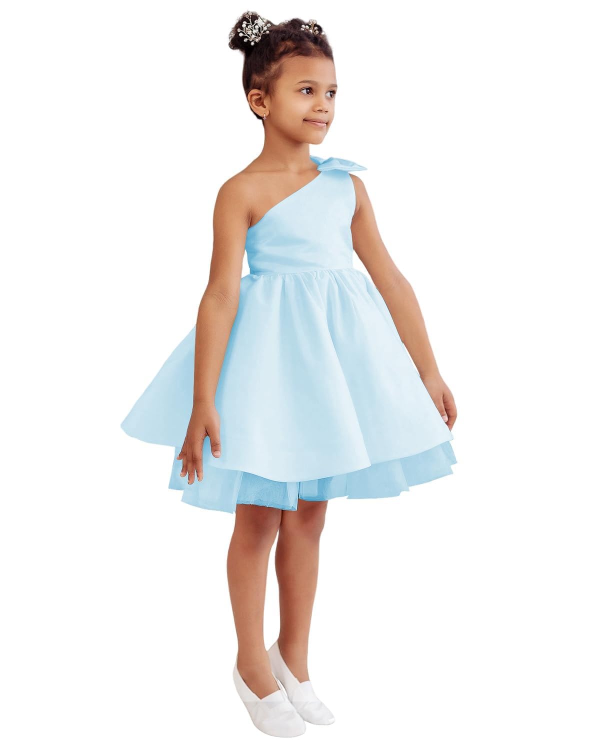 One Shoulder Flower Girl Dresses for Wedding Toddler Short Tutu Satin Tulle Girl Dress for Birthday Formal Party