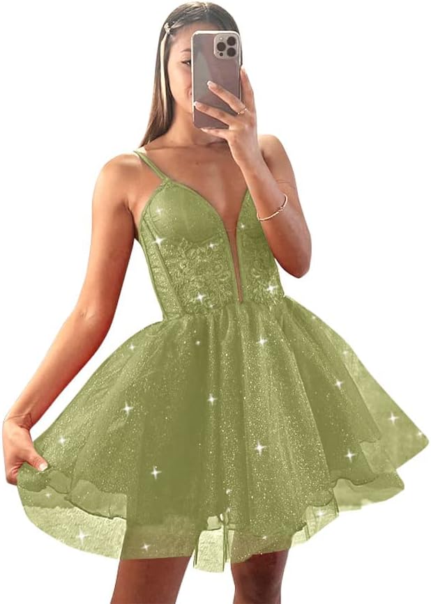 Glitter Tulle Homecoming Dresses for Teens Spaghetti V Neck Short Prom Dresses A Line Mini Cocktail Party Gowns
