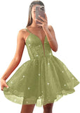 Glitter Tulle Homecoming Dresses for Teens Spaghetti V Neck Short Prom Dresses A Line Mini Cocktail Party Gowns