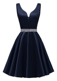 Satin Glitter Homecoming Dresses for Teens Short Prom Dress V-Neck Beaded Evening Formal Cocktail Party Gowns