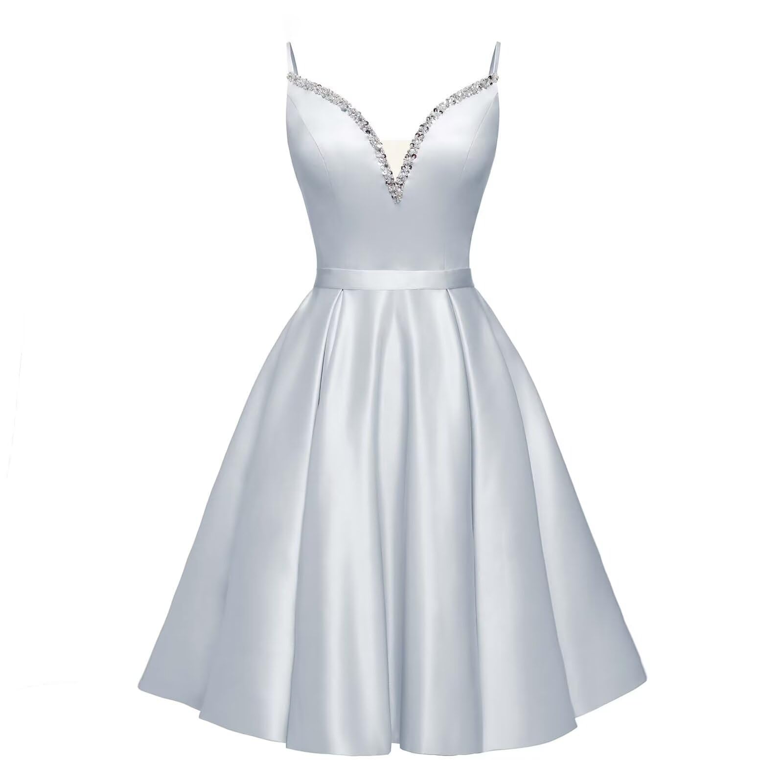 Spaghetti Straps Satin Homecoming Dresses for Teens V-Neck Short Prom Dress A-Line Beaded Cocktail Party Gowns