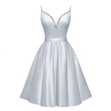 Spaghetti Straps Satin Homecoming Dresses for Teens V-Neck Short Prom Dress A-Line Beaded Cocktail Party Gowns