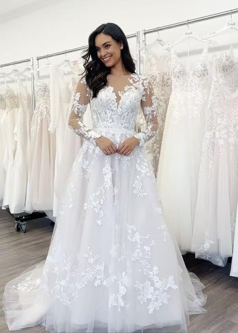 Women's Elegant Lace Beach Wedding Dresses for Bride 2025 with Sleeves Wedding Bridal Gowns