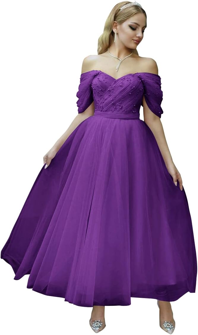 Tulle Tea Length Prom Dresses for Women Off The Shoulder Ball Gowns Teens Sweetheart Beaded Puffy Princess Dress