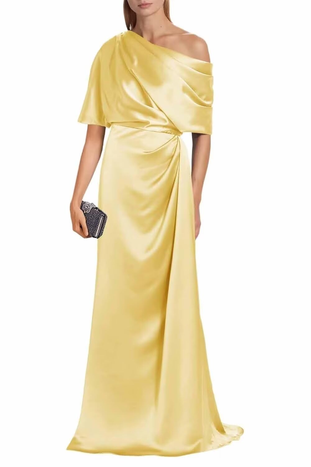 Satin Mother of The Bride Dresses for Wedding One Shoulder Formal Dress with Sleeves Mermaid Evening Party Gowns