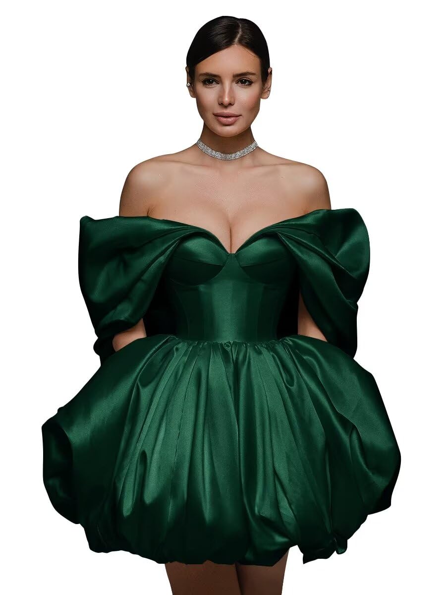 Off The Shoulder Short Wedding Dresses for Bride Puffy Satin Bridal Dresses w/Pockets Strapless Formal Ball Gowns