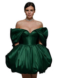 Off The Shoulder Short Wedding Dresses for Bride Puffy Satin Bridal Dresses w/Pockets Strapless Formal Ball Gowns