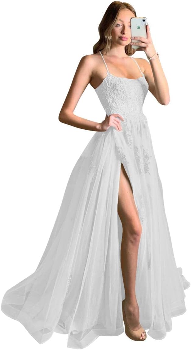 Women's Lace Criss-Cross Prom Dresses with Slit Spaghetti Straps Long Formal Evening Gowns