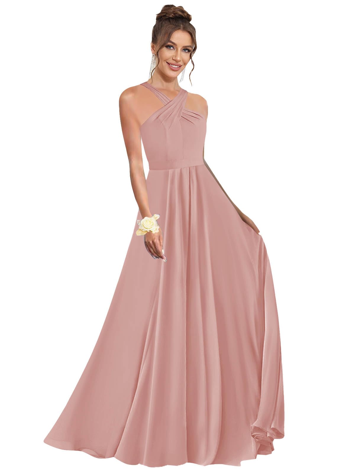 Halter Bridesmaid Dresses for Wedding Chiffon A Line Pleated Long Formal Prom Dress with Belt