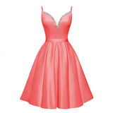 Spaghetti Straps Satin Homecoming Dresses for Teens V-Neck Short Prom Dress A-Line Beaded Cocktail Party Gowns