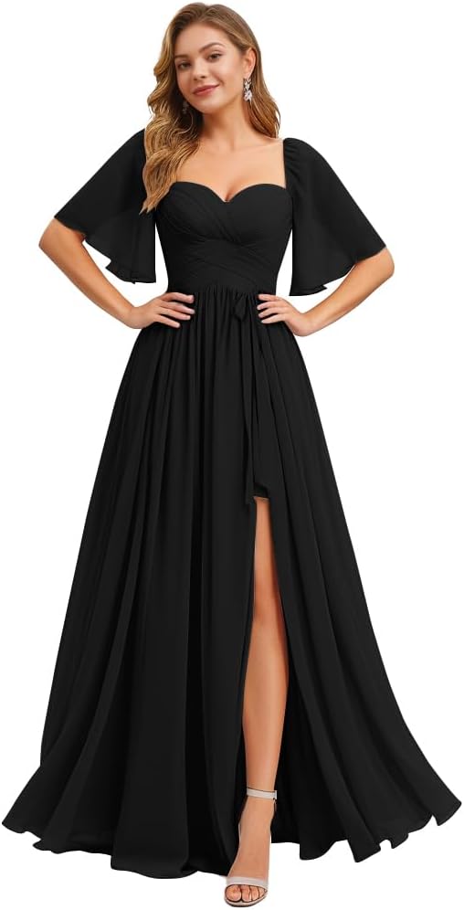 Women's Chiffon Bridesmaid Dresses for Wedding Flutter Sleeves Ruched A Line Long Formal Dress with Slit