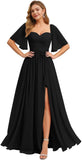 Women's Chiffon Bridesmaid Dresses for Wedding Flutter Sleeves Ruched A Line Long Formal Dress with Slit