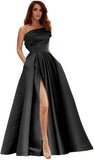 Women's One Shoulder Prom Dresses Long Satin Side Slit Formal Evening Gowns with Pockets