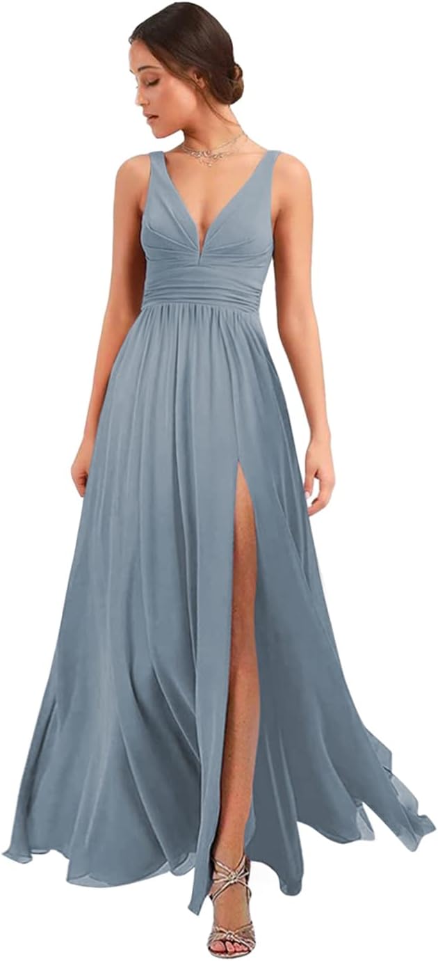 Women's Deep V Neck Bridesmaid Dresses with Slit Chiffon Pleats A Line Formal Party Dresses with Pockets