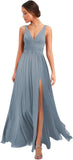 Women's Deep V Neck Bridesmaid Dresses with Slit Chiffon Pleats A Line Formal Party Dresses with Pockets