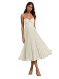 Floral Satin Midi Wedding Guest Dresses Pleated Tea Length Formal Evening Party Gowns