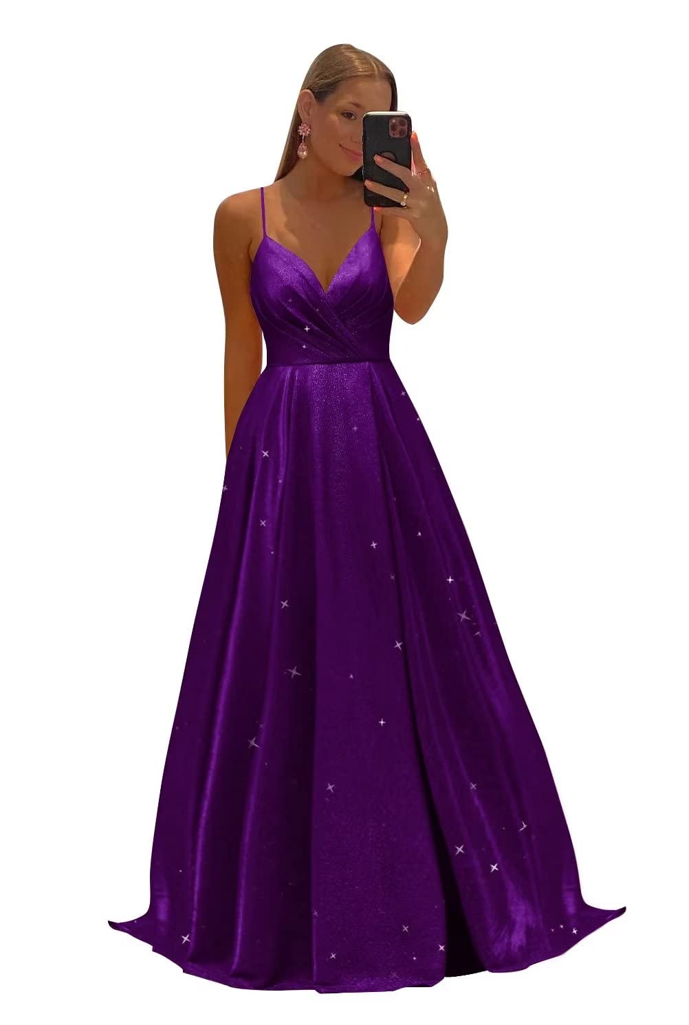 Women's Spaghetti Straps Prom Dresses Long V-Neck Sparkling Bridesmaid Dresses Formal Evening Gowns with High Slit