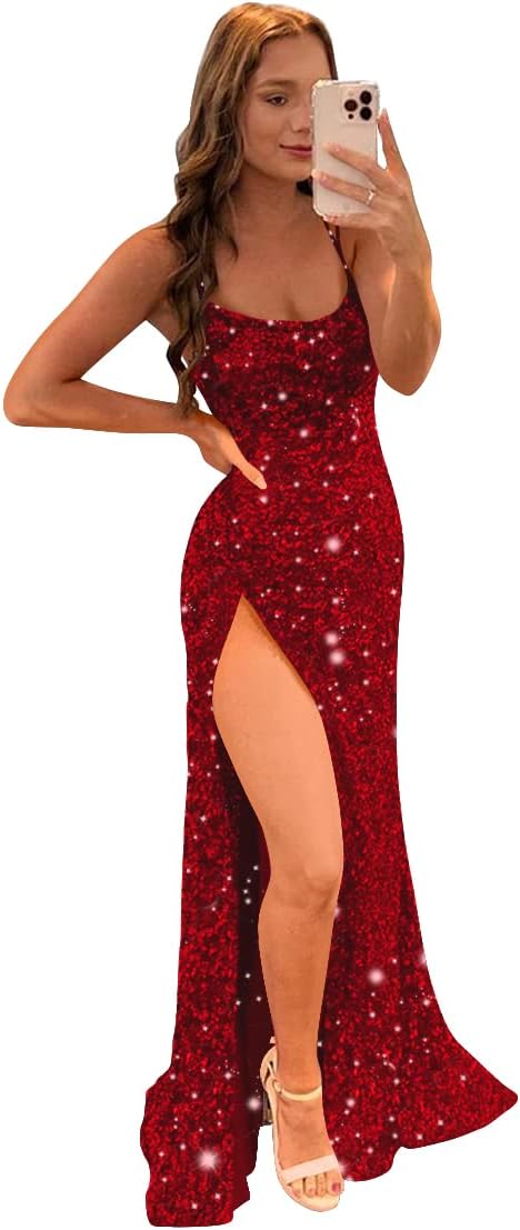 Women's Sequin Mermaid Prom Dresses with Slit Glitter Criss-Cross Long Formal Evening Gowns