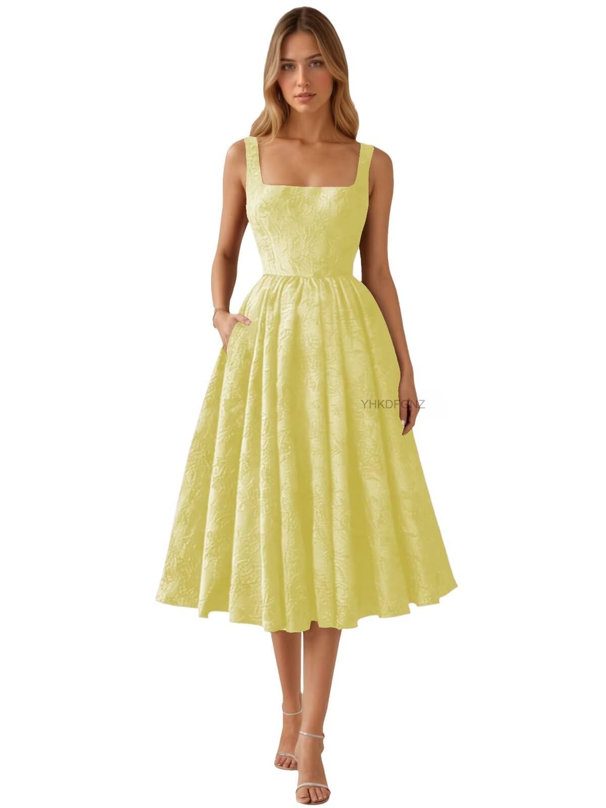 Floral Jacquard Satin Prom Dresses for Women Tea Length Formal Evening Party Dress with Pockets