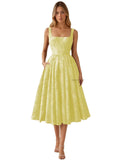 Floral Jacquard Satin Prom Dresses for Women Tea Length Formal Evening Party Dress with Pockets