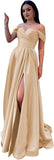 Schulterfreies Satin-Ballkleid, herzförmiger Ausschnitt, formelles Kleid, A-Linie, Abendkleid mit Schlitz 