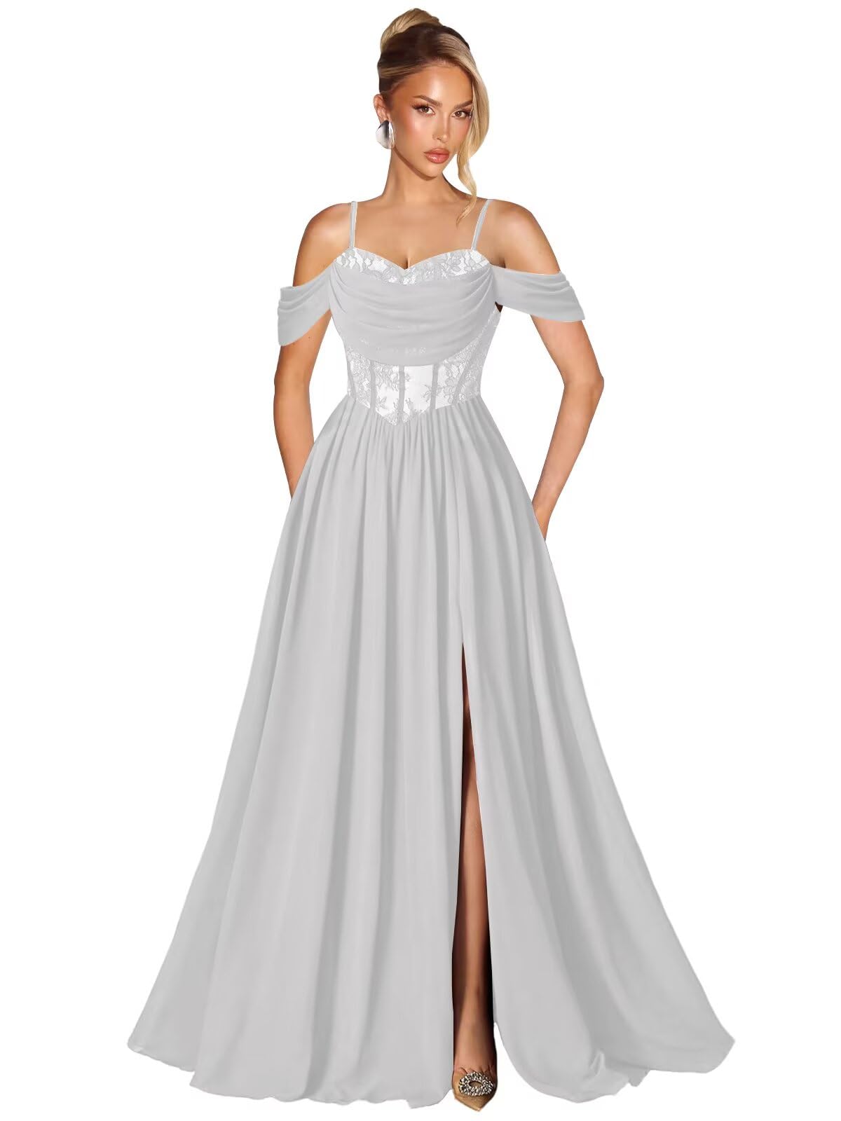 Off Shoulder Lace Applique Prom Dress with Slit A Line Ball Gown Pleated Corset Long Formal Evening Dresses