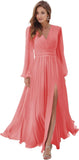Women's Long Sleeve Bridesmaid Dresses with Slit V Neck A Line Chiffon Formal Evening Gowns with Pockets Mother of the Bride Gowns