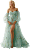 Flower Embroidery Tulle Maternity Dresses for Photoshoot Long Puffy Sleeve Off Shoulder Pregnancy Baby Shower Dress