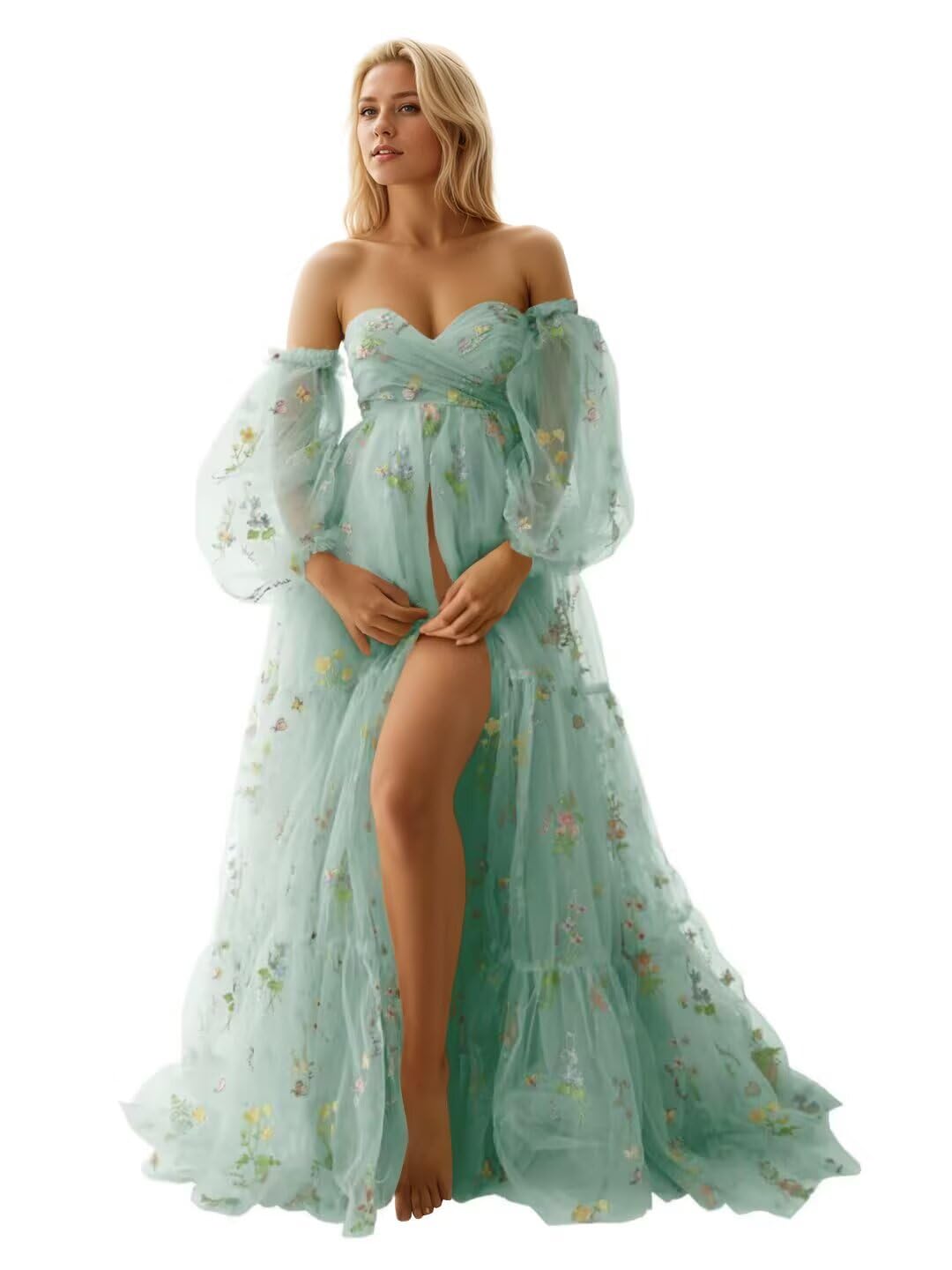 Kingbridal Gowns Flower Embroidery Tulle Maternity Dresses for Photoshoot Long Puffy Sleeve Off Shoulder Pregnancy Baby Shower Dress