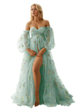 Kingbridal Gowns Flower Embroidery Tulle Maternity Dresses for Photoshoot Long Puffy Sleeve Off Shoulder Pregnancy Baby Shower Dress