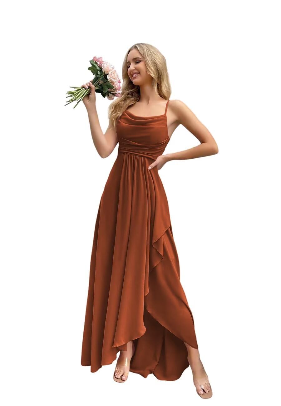 Spaghetti Strap Chiffon Bridesmaid Dresses for Women Long Ruched A-Line Cowl Neck Formal Evening Gowns with Slit