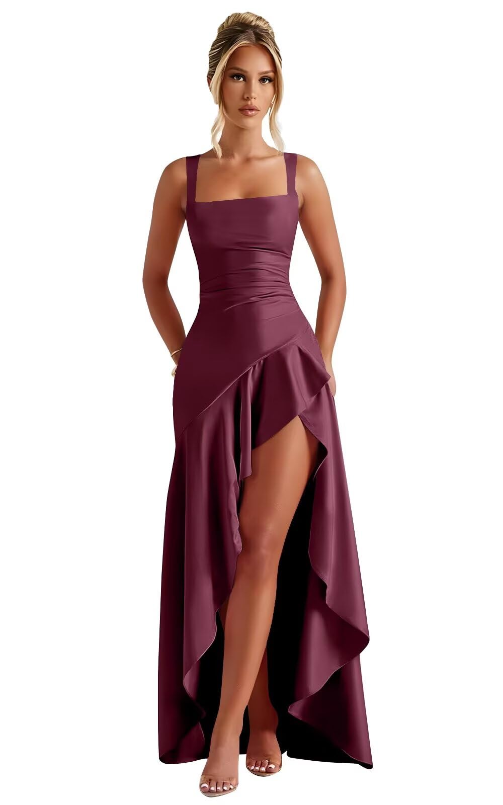 Mermaid Satin Bridesmaid Dresses for Women 2027 Long Ruffles High Low Prom Formal Evening Party Dress with Slit