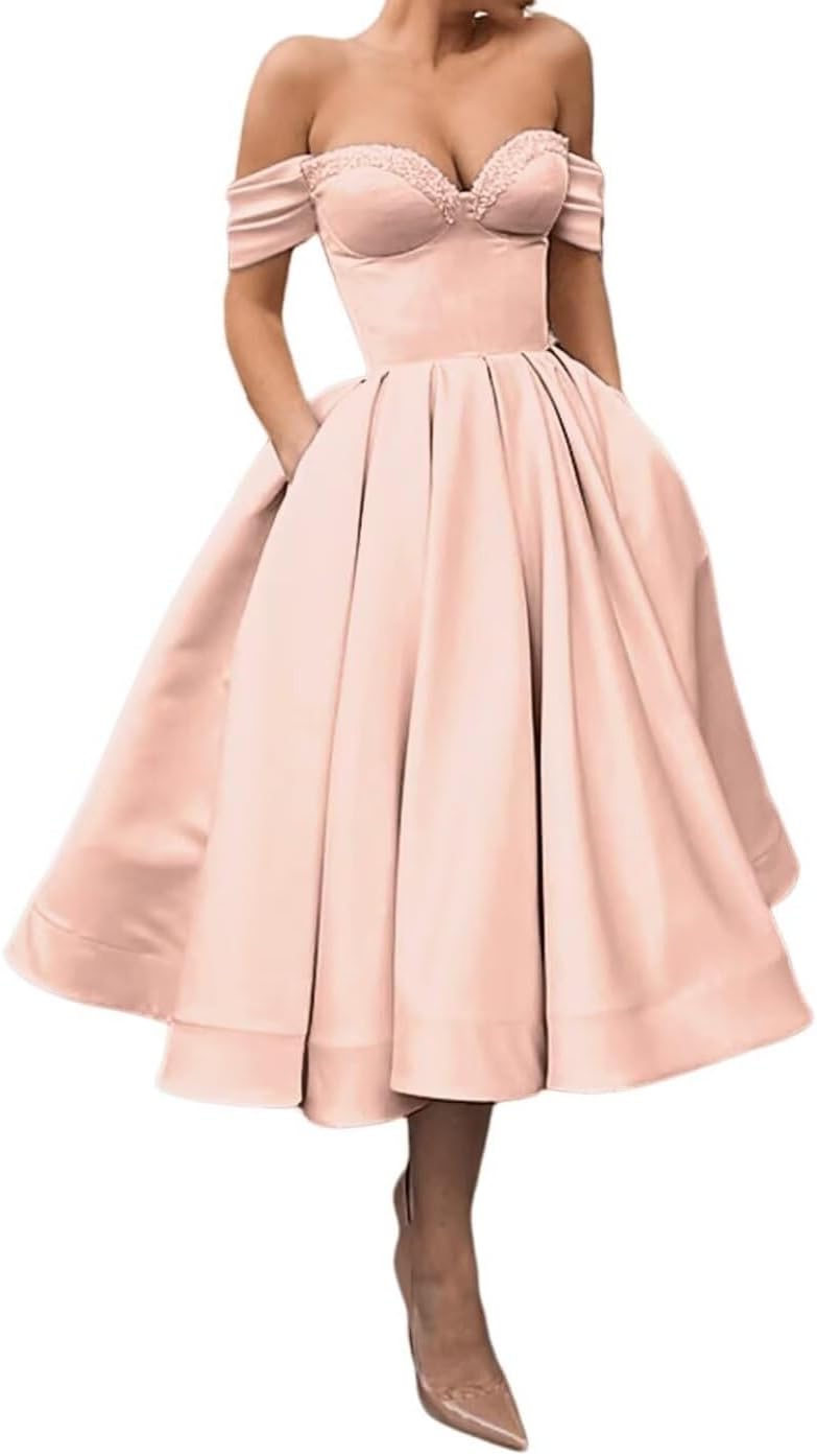 A Line Off Shoulder Prom Dresses for Women Satin Tea Length Cocktail Party Dresses with Pockets