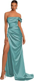 One Shoulder Mermaid Bridesmaid Dresses with Slit 2025 Pleats Satin Formal Evening Gowns for Women
