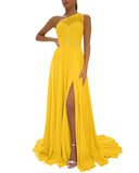 One Shoulder Chiffon Bridesmaid Dresses for Wedding 2026 Lace A-Line Slit Formal Evening Party Gown with Pockets
