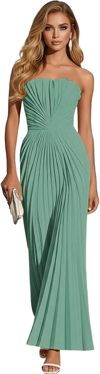 Women's Strapless Pleated Bridesmaid Dress Elegant Sweetheart Neck Formal Prom Gown for Wedding Guest
