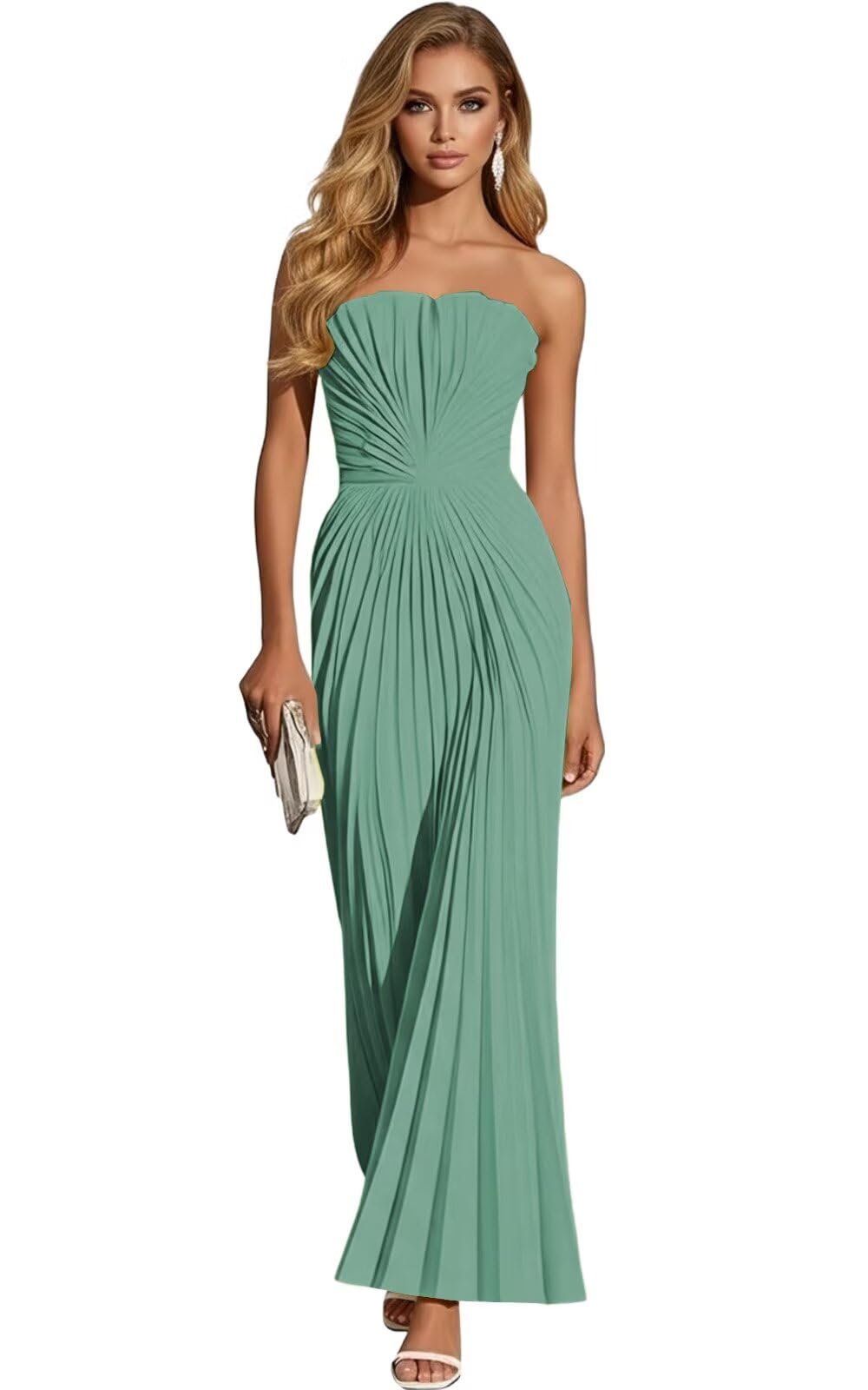 Women's Strapless Pleated Bridesmaid Dress Elegant Sweetheart Neck Formal Prom Gown for Wedding Guest
