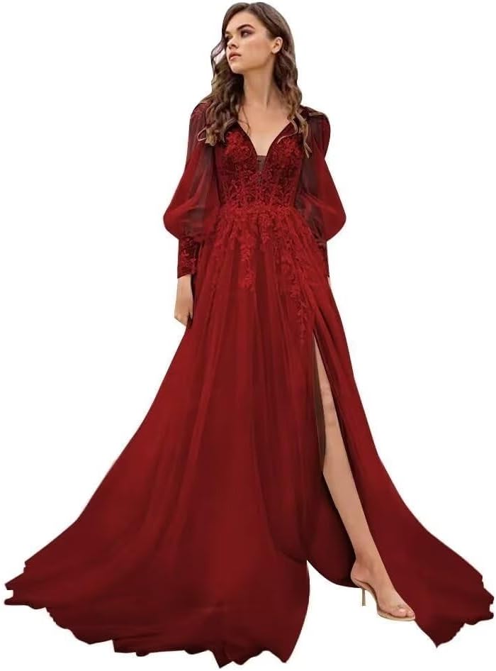 Long Sleeve Tulle Prom Evening Dresses Long Lace Applique A Line Ball Gown 2027