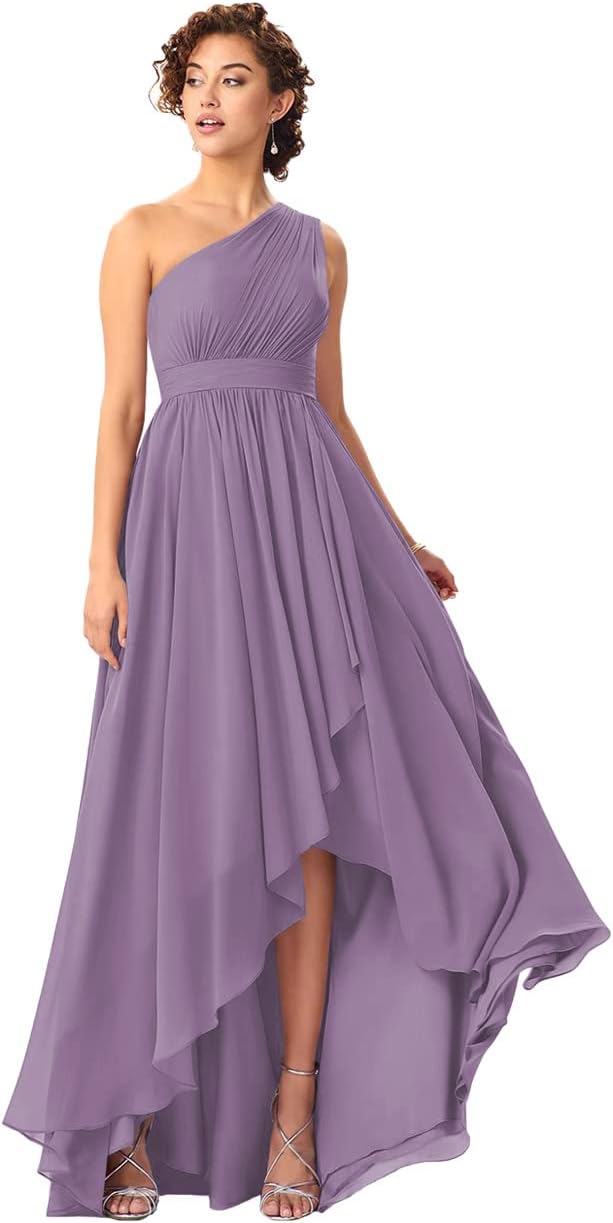 Women's One Shoulder Bridesmaid Dresses High Low Chiffon Formal Party Gowns with Pockets